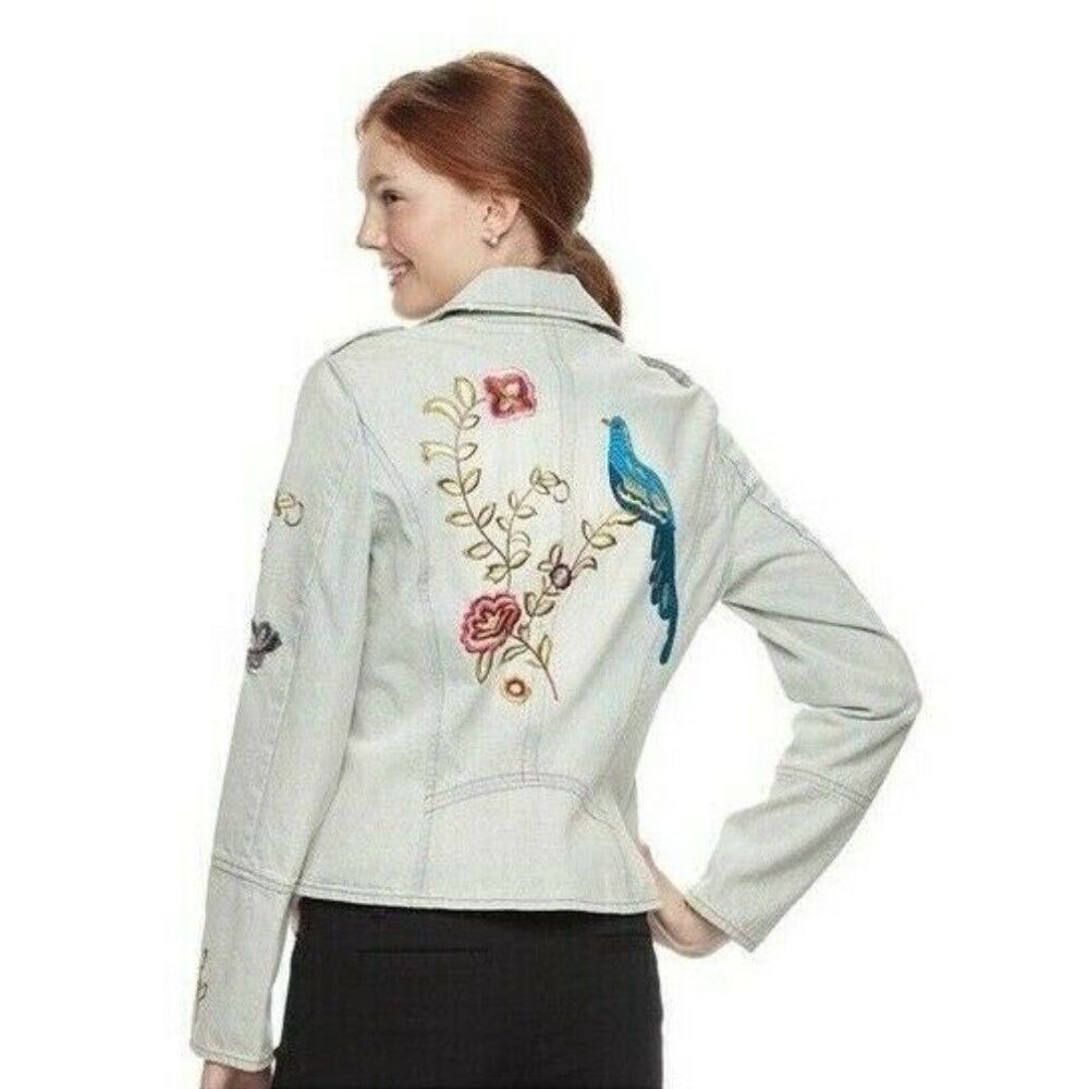 Candies Womens Denim Floral Blue Bird Embroidered Asymmetric Zip Jean Jacket S